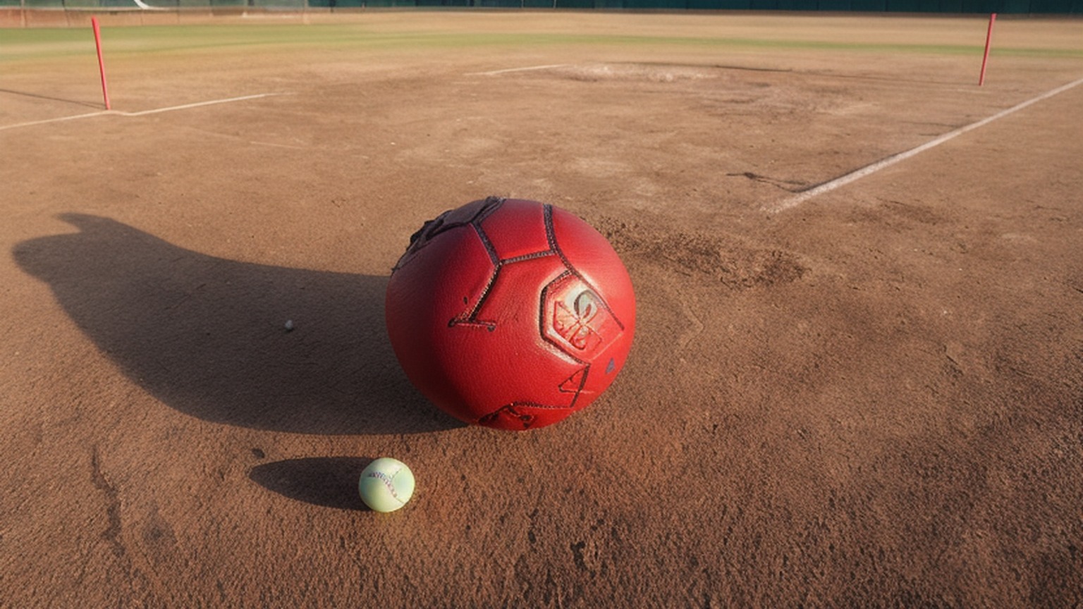 Editorial illustration of single cricket ball resting on a worn concrete practice pitch in south africa