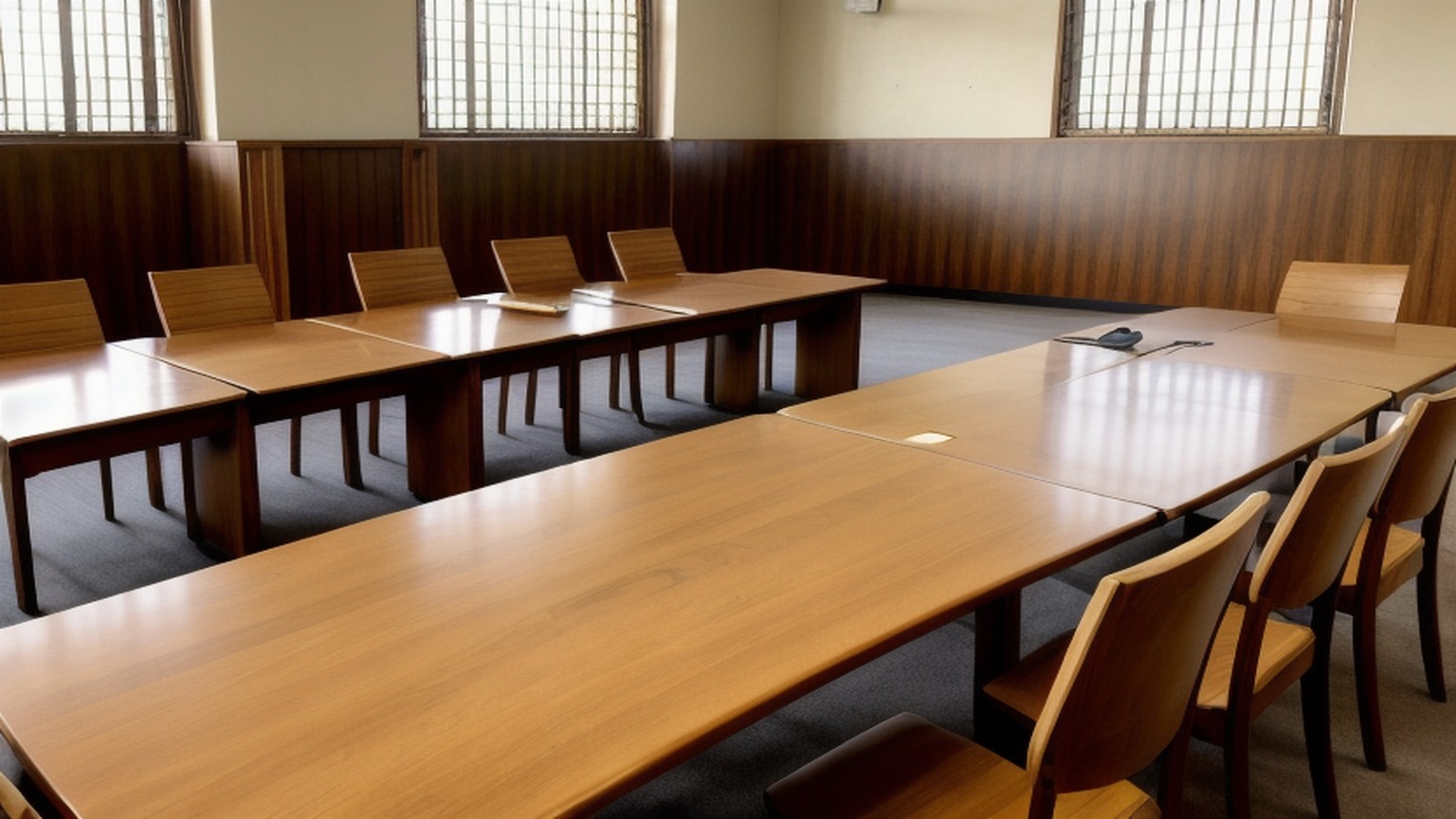 Editorial illustration of single empty wooden chair placed at the head of a long bare municipal committee table in south africa