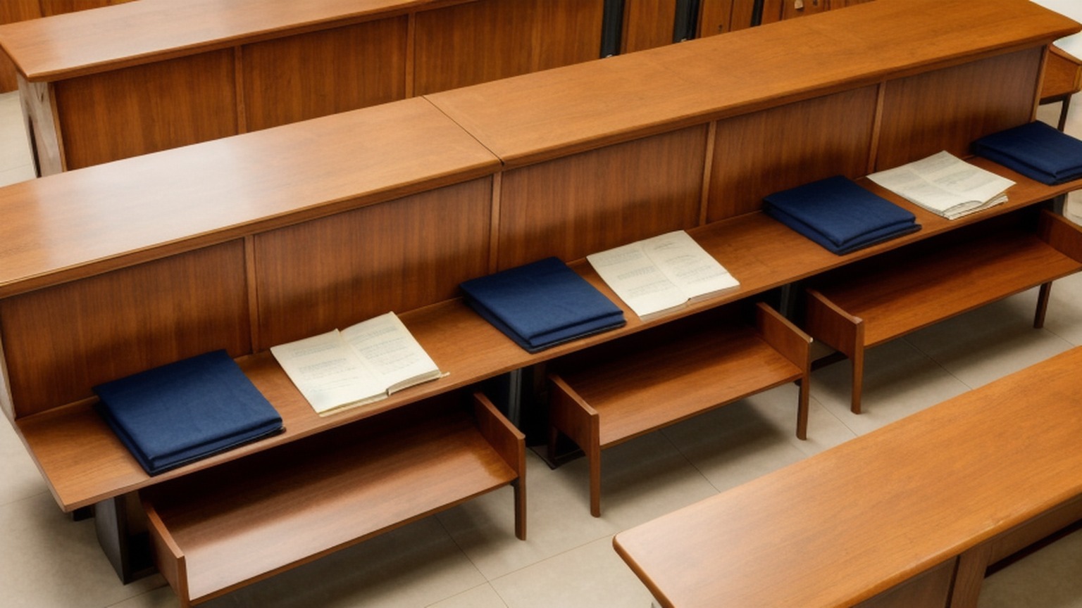 Editorial illustration of close overhead shot of a plain wooden magistrate's bench in a south african court in malmesbury