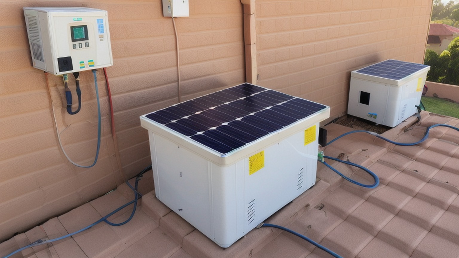 Editorial illustration of medium close shot of a rooftop solar inverter and meter box mounted on a suburban south african home in johannesburg