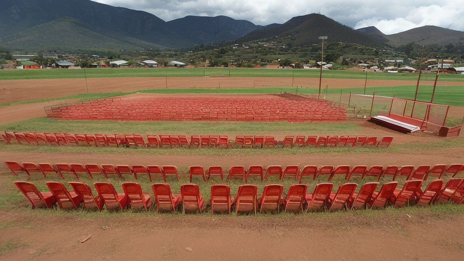 Editorial illustration of medium wide shot from a low angle of a packed dirt sports field on the edge of a township in kokstad