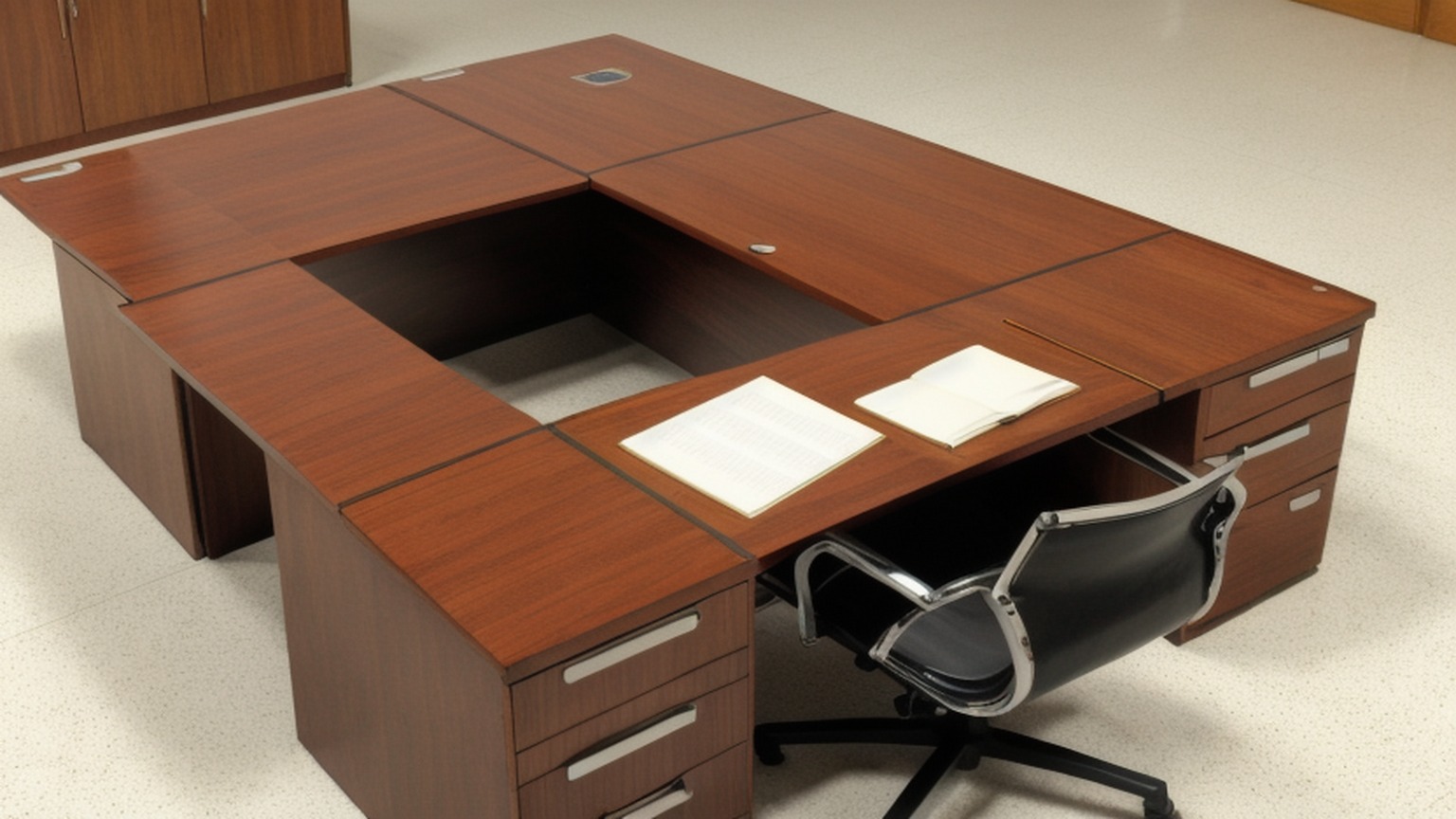 Editorial illustration of close overhead shot of a plain wooden desk in a south african magistrate's court corridor