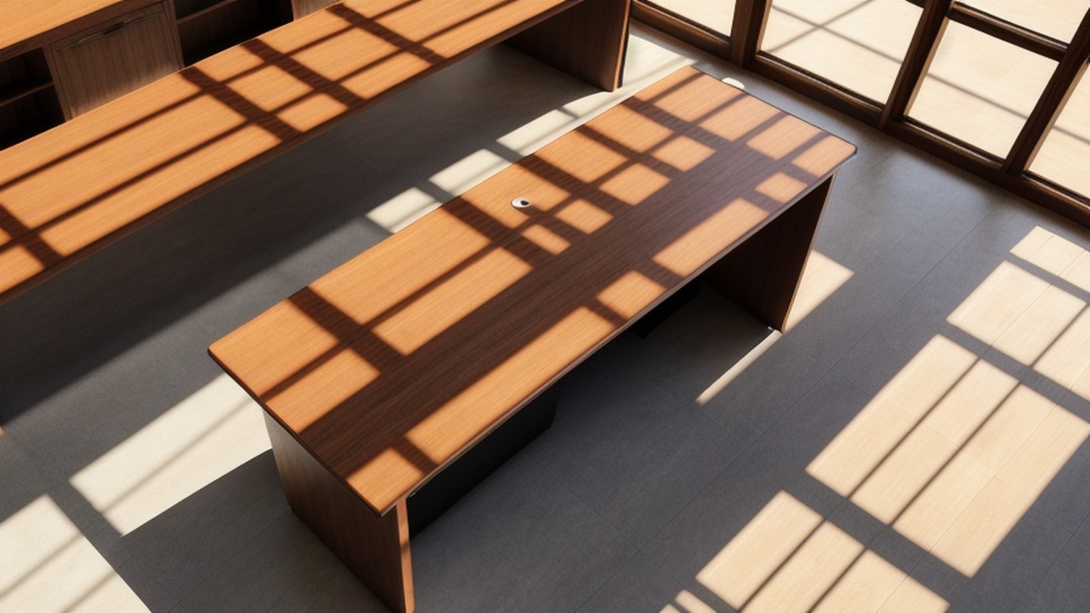 Editorial illustration of close overhead shot of a plain wooden court desk in South Africa