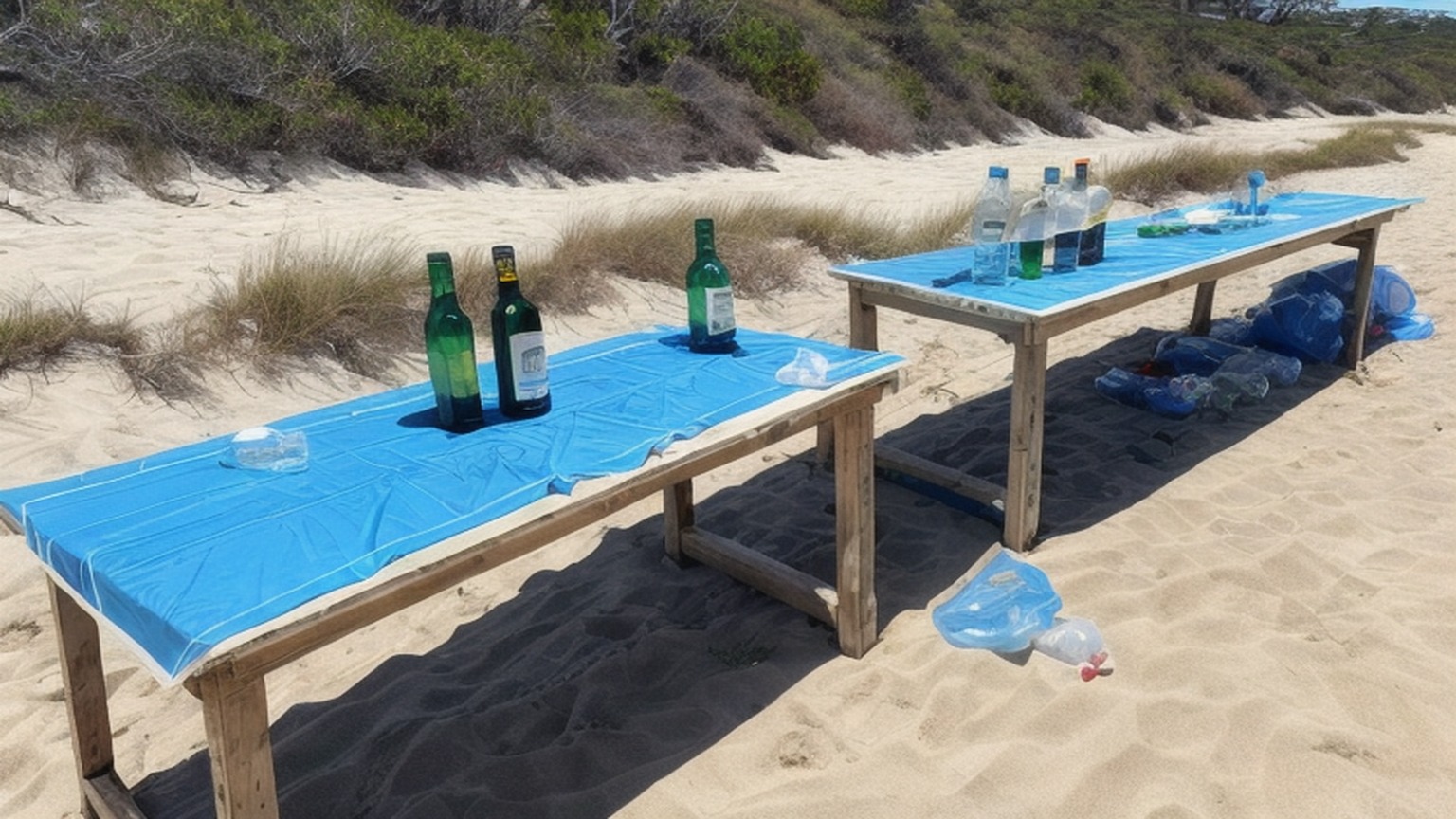 Editorial illustration of medium eye level shot of a plain south african police evidence table in a coastal car park at midday