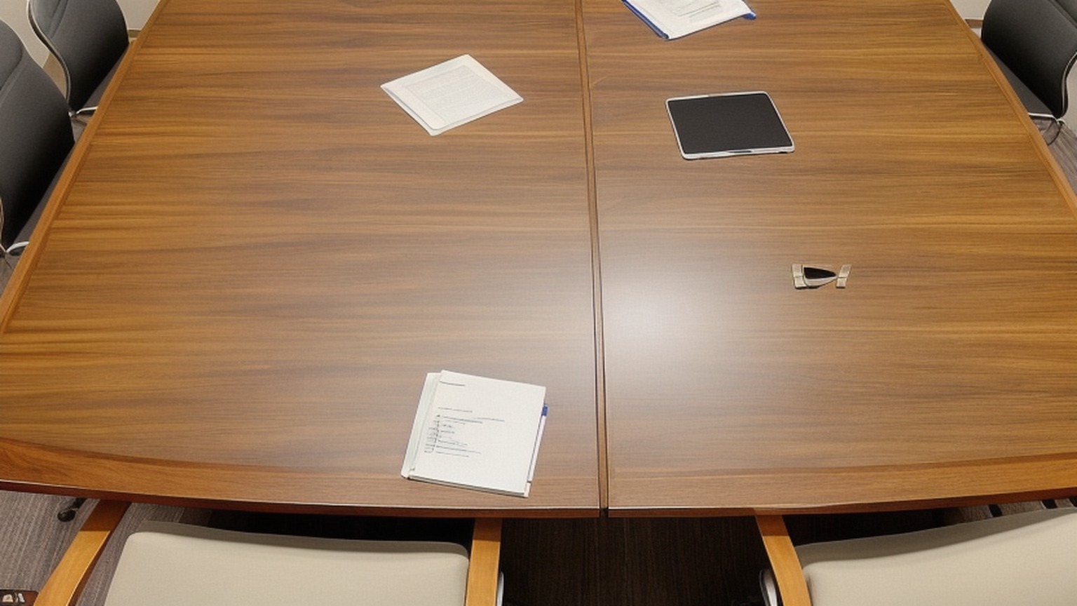 Editorial illustration of close overhead shot of a plain wooden committee room table in South Africa at midday