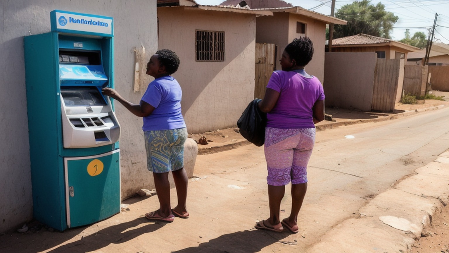 Editorial illustration of medium close eye level shot from behind of a south african grant recipient at a township spaza counter in South Africa