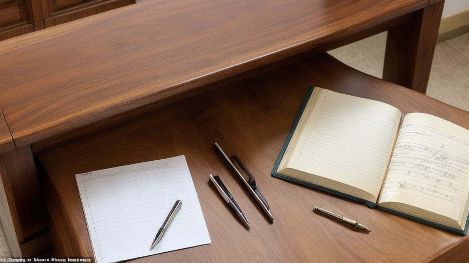Editorial illustration of close overhead shot of a plain wooden magistrate's bench desk in a small south african court office at midday