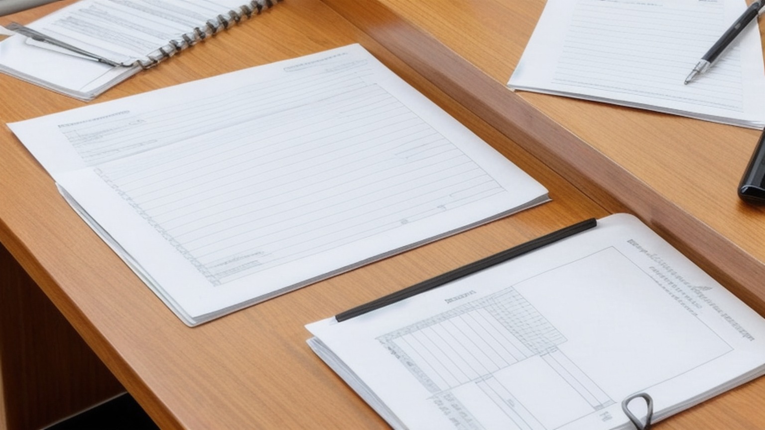 Editorial illustration of close overhead shot of a plain steel desk in a small south african magistrate's court office at dawn