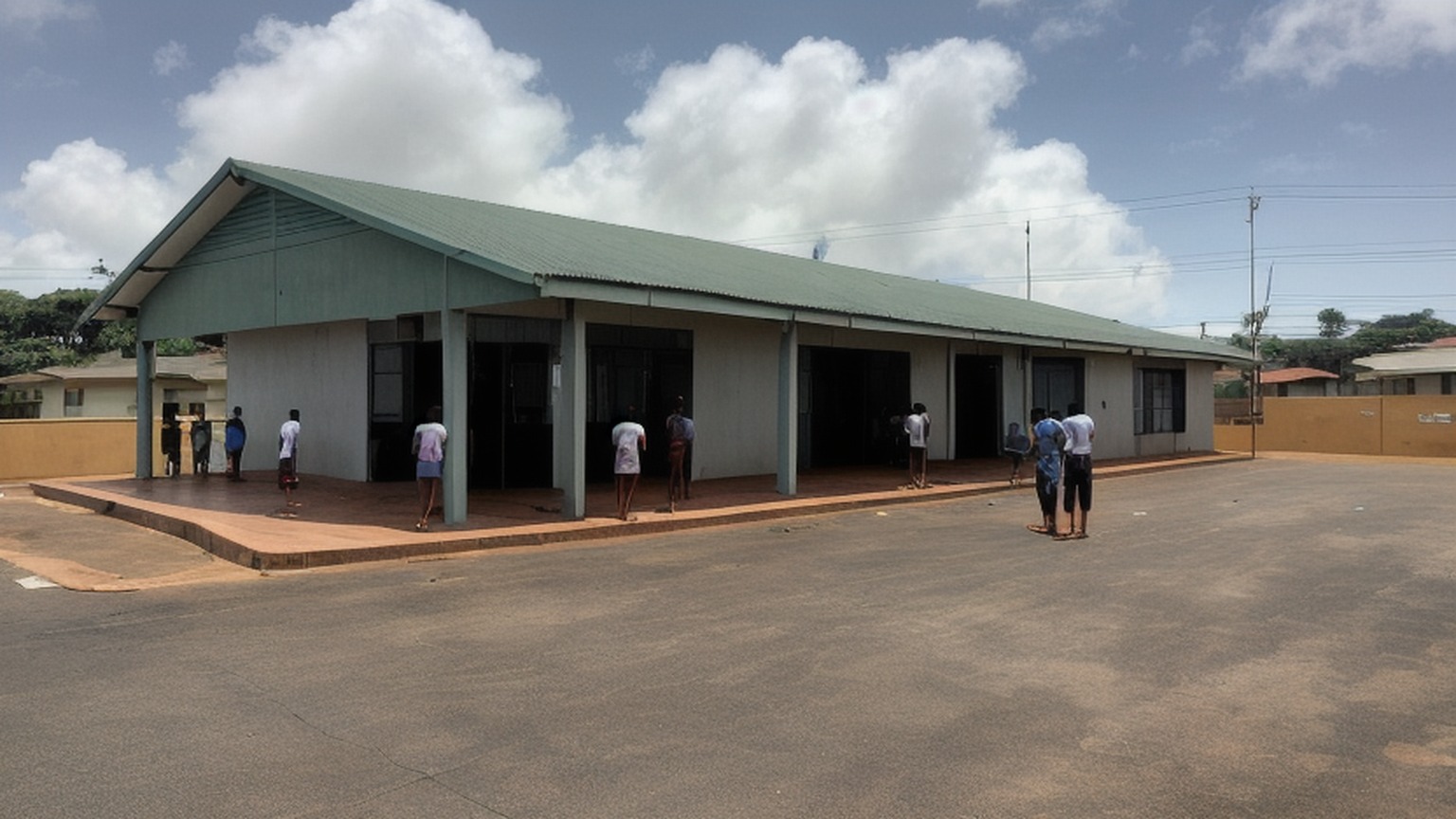 Editorial illustration of wide eye level shot of the public entrance of a plain home affairs refugee reception building in durban