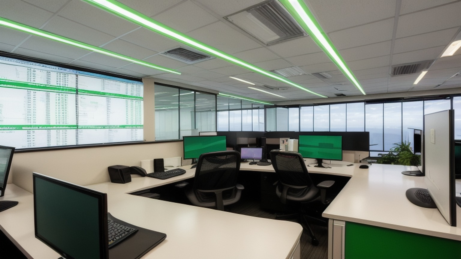 Editorial illustration of wide eye level shot inside a small south african brokerage office at dusk