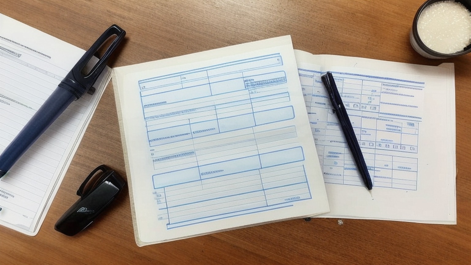 Editorial illustration of close overhead shot of a plain police docket lying open on a municipal counter in kimberley