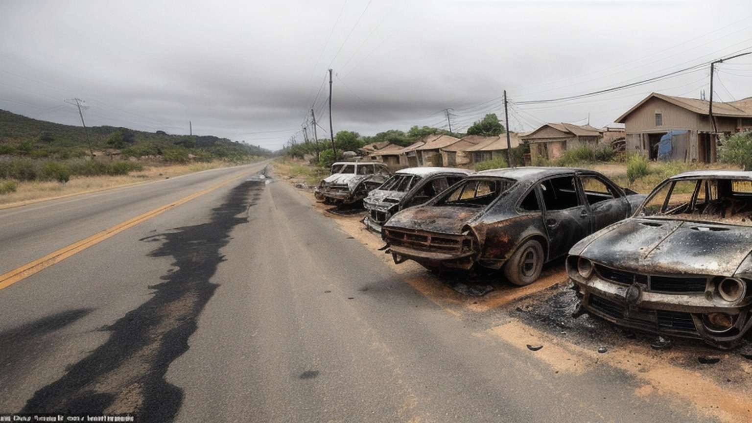 Editorial illustration of wide eye level shot of a burnt-out minibus taxi shell on a smoke hazed durban central street in south africa