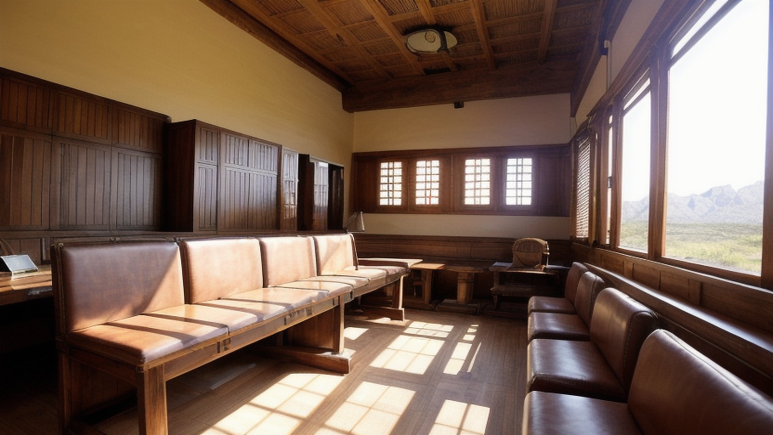 Editorial illustration of long wooden press bench in a legislative chamber in South Africa