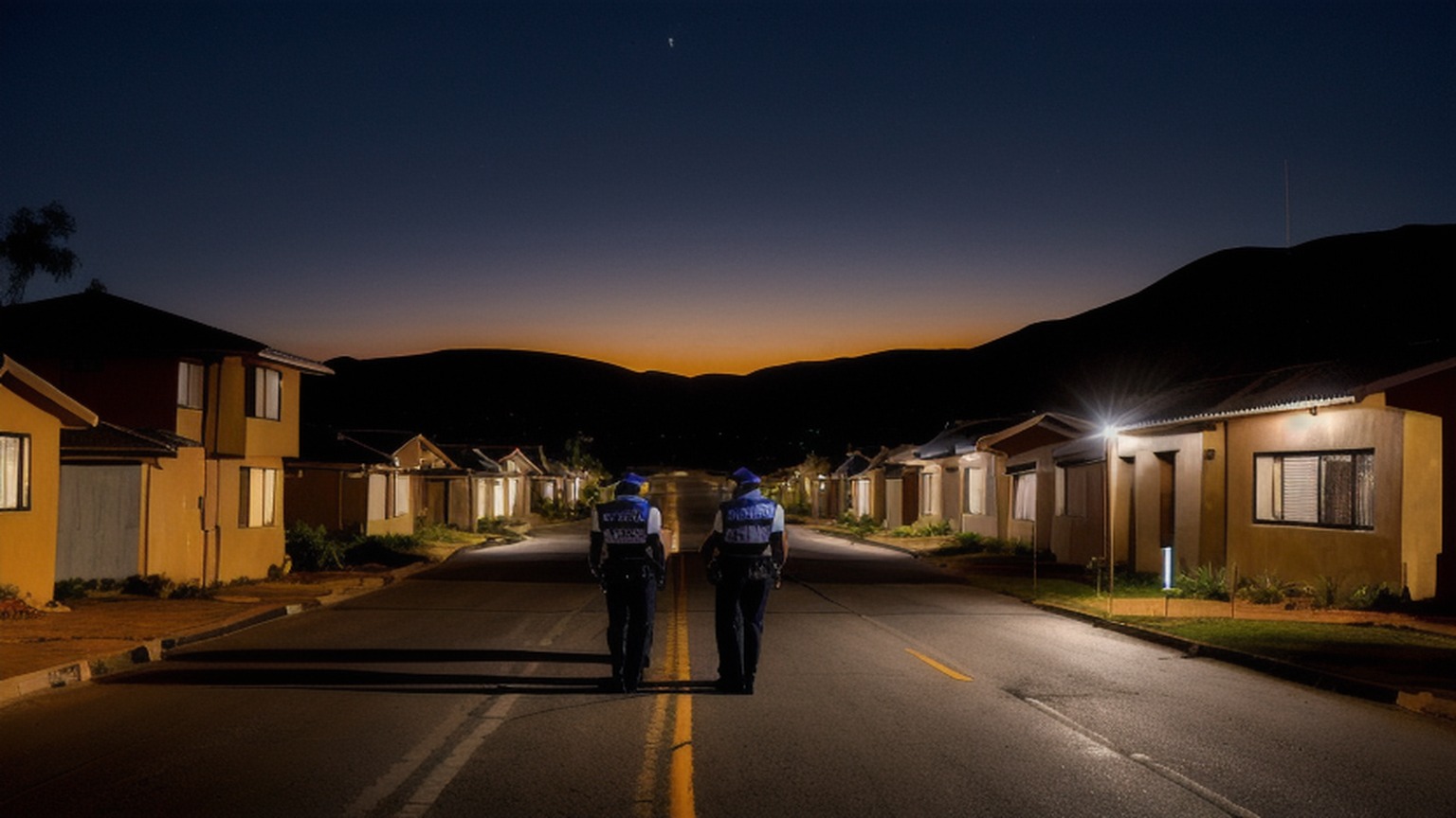 Editorial illustration of medium wide shot down a rain slicked township street in South Africa at first light