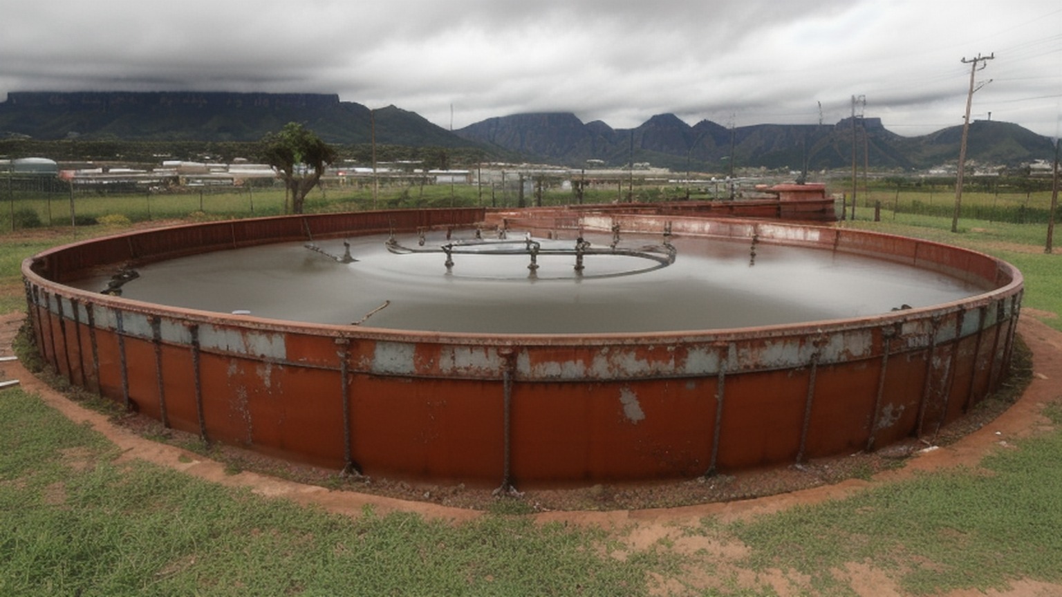 Editorial illustration of wide eye-level shot inside a plain South African water treatment works in bronkhorstspruit at flat grey morning light