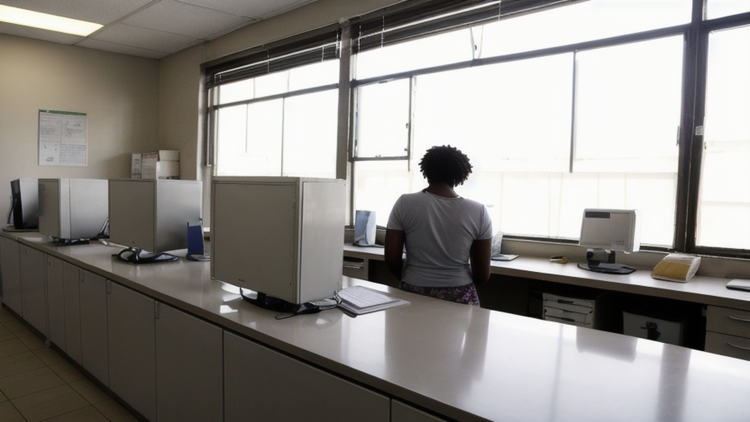Editorial illustration of wide eye-level shot inside a plain South African municipal counter hall at flat grey morning light