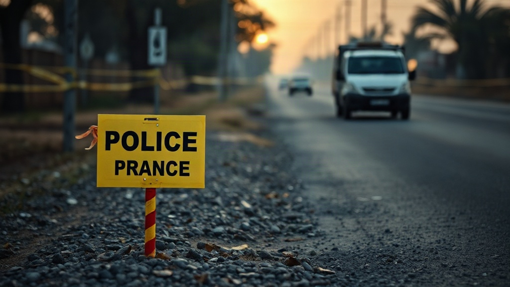Editorial illustration of south african police forensic evidence marker standing on a gravel township road in katlehong