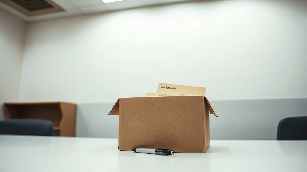Editorial illustration of single closed cardboard box of filed tax returns sits on a bare desk in a plain south african revenue office