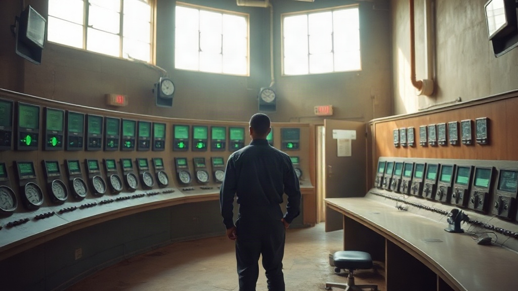 Editorial illustration of single large open-plan control room inside a south african power station