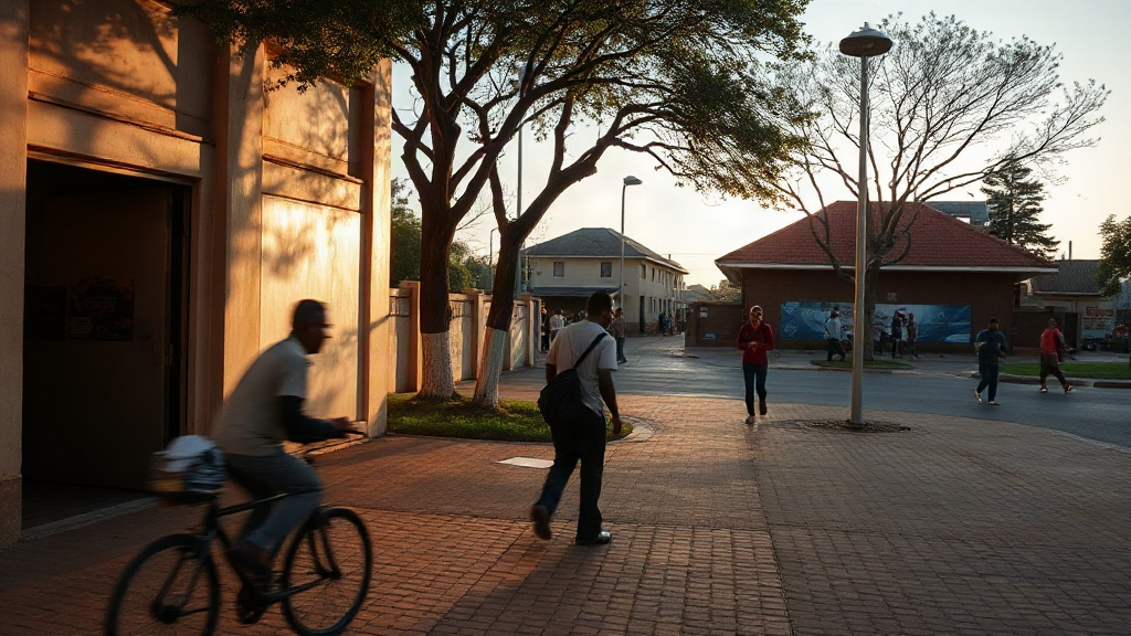 Editorial illustration of lived-in South African public space connected to five
