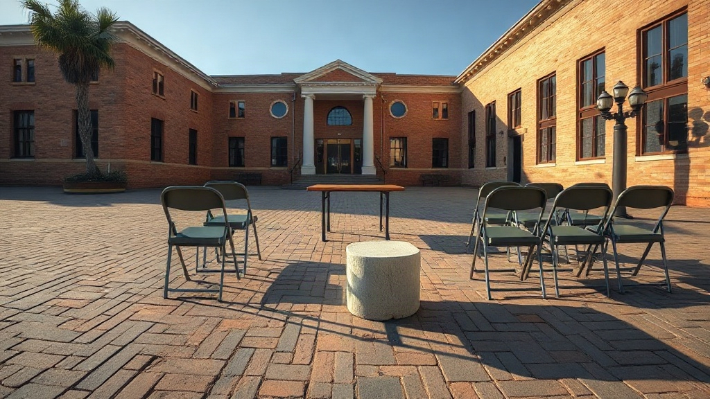 Editorial illustration of wide low angle view of a paved municipal square in bloemfontein