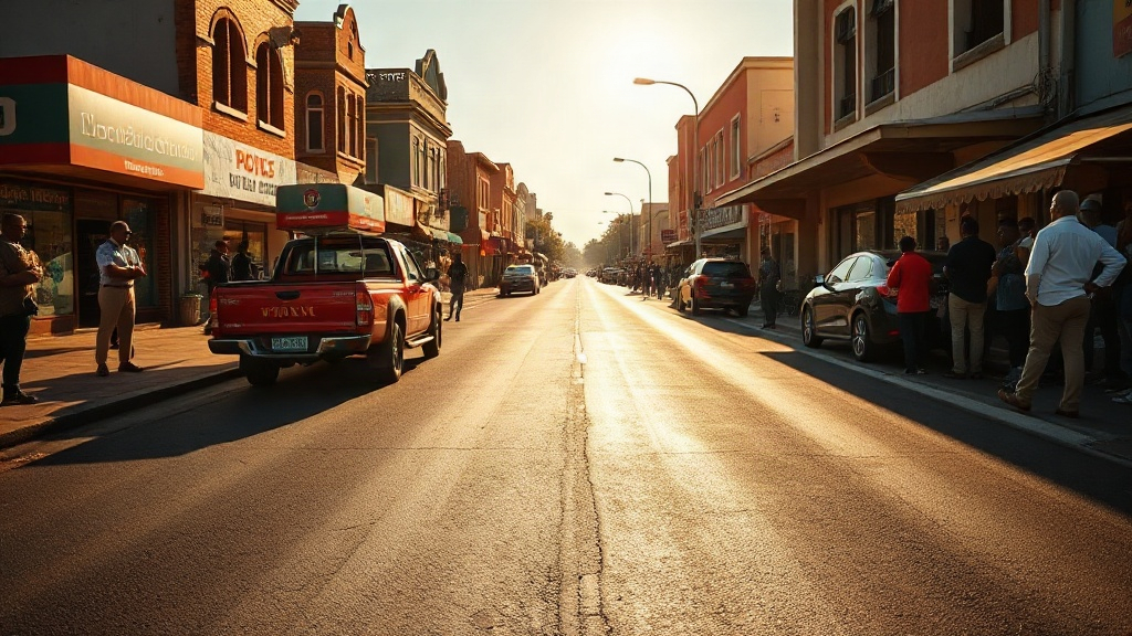 Editorial illustration of long straight johannesburg street in South Africa seen at eye level from the middle of the road