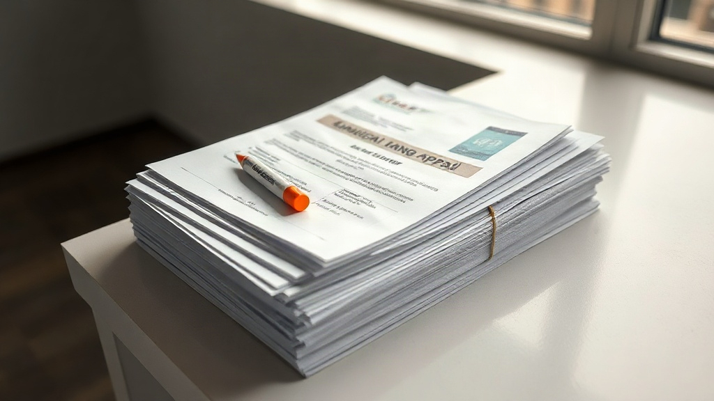 Editorial illustration of thick bundle of municipal planning appeal papers and a stapled land-use application
