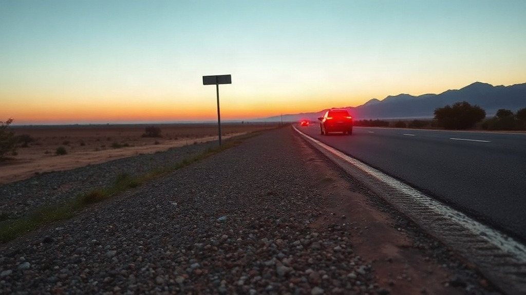 Editorial illustration of wide shot from a low angle of the empty gravel shoulder of a rural south african national road at first light