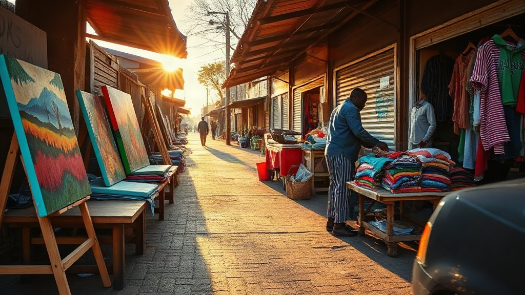 Editorial illustration of medium wide eye level shot along a township street in kwamlhanga