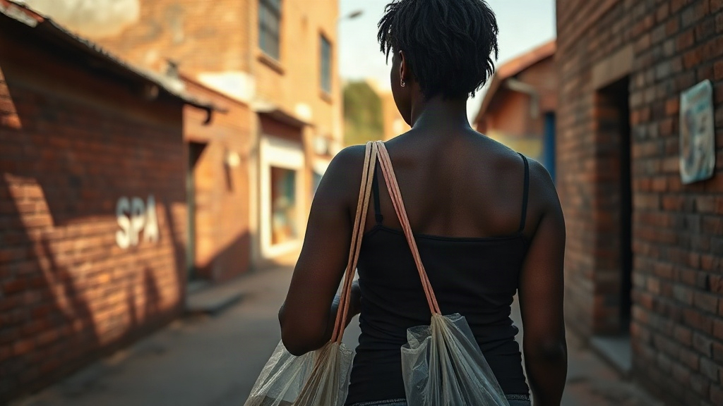 Editorial illustration of woman seen from behind in profile walking along a narrow township street in kwathema