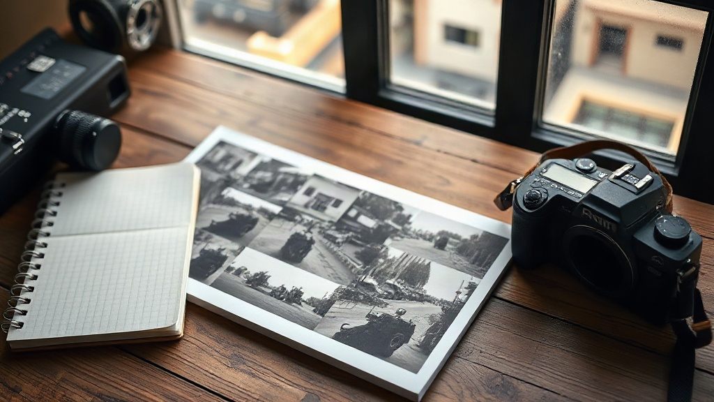 Editorial illustration of single contact sheet of black and white negatives lying on a wooden desk beside a camera and a spiral notebook