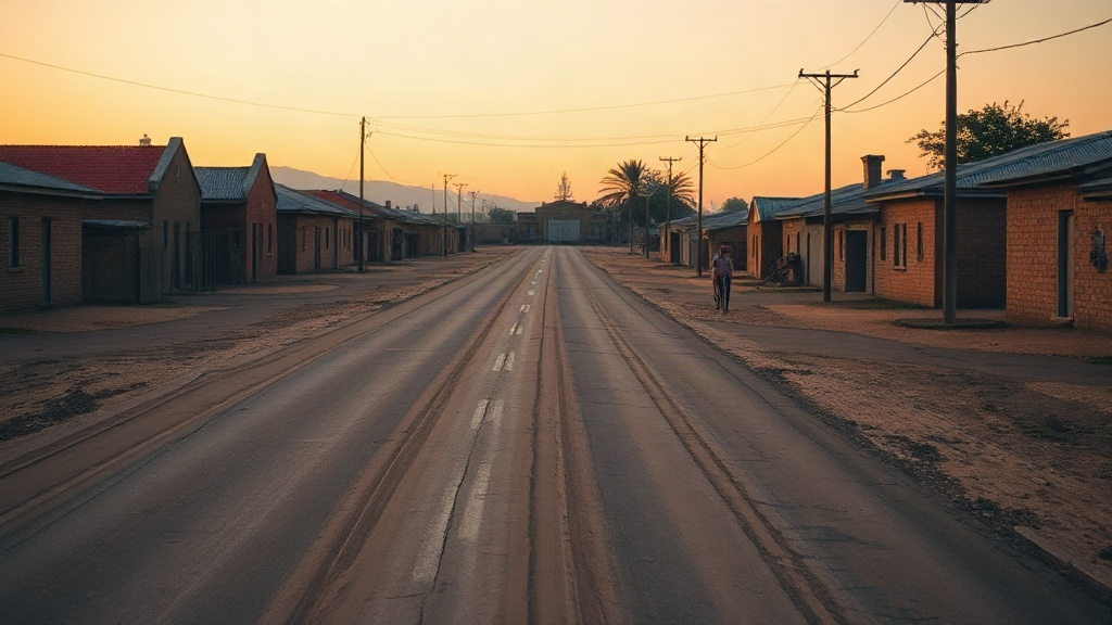 Editorial illustration of quiet township road in South Africa at dawn