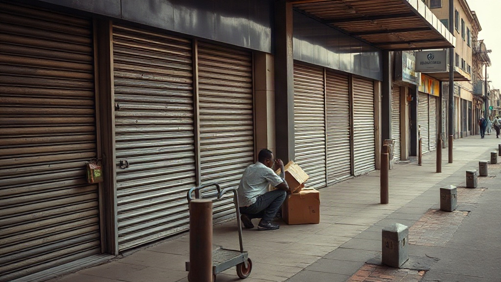 Editorial illustration of row of closed shopfronts on a durban cbd pavement in South Africa