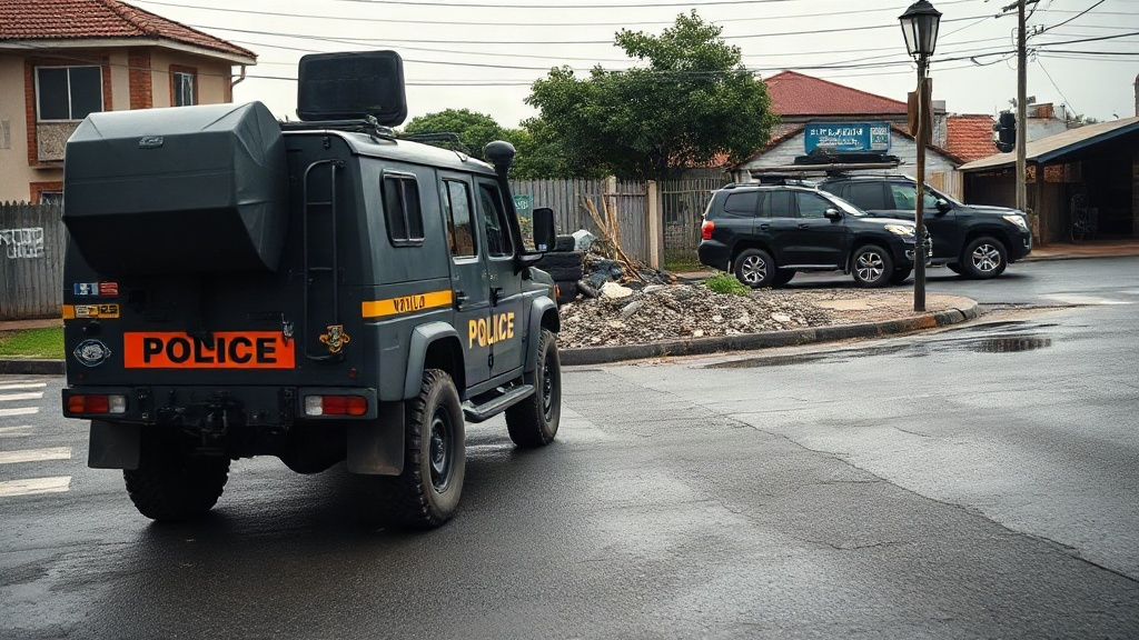 Editorial illustration of south african police nyala armoured vehicle parked at an angle across a durban township street intersection