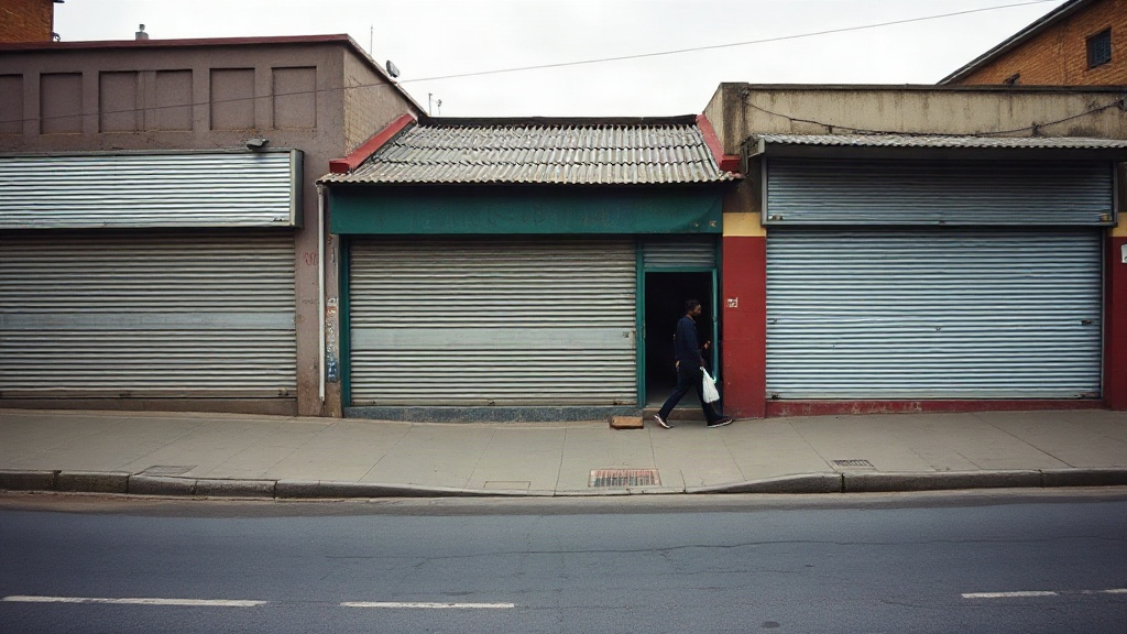 Editorial illustration of row of closed shopfronts with metal roller doors pulled down on a township street in soweto