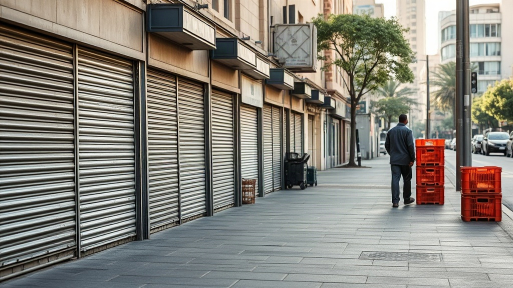 Editorial illustration of row of shuttered trader stalls on a durban cbd pavement in South Africa
