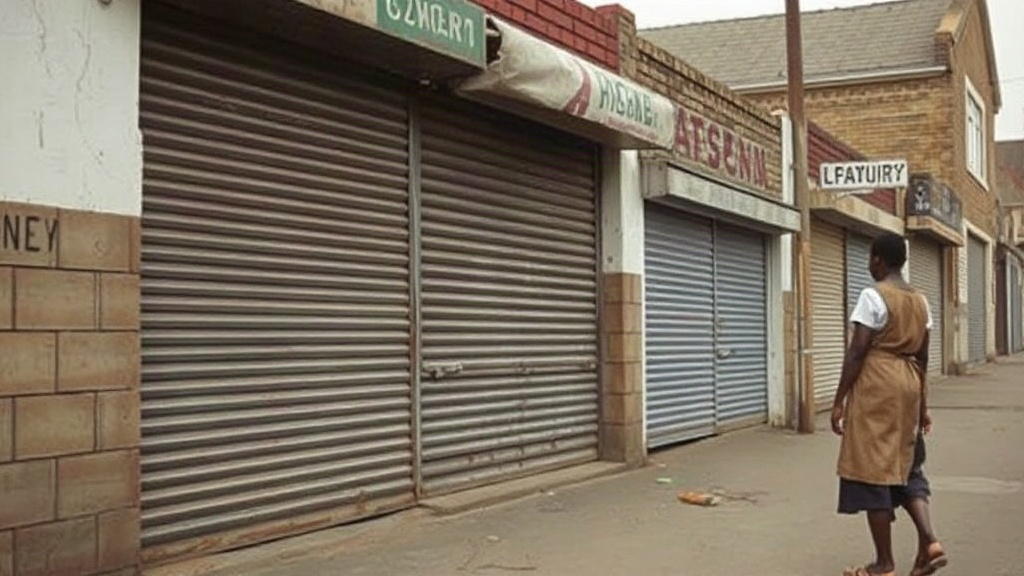 Editorial illustration of shuttered row of small township shopfronts on a quiet street in soweto