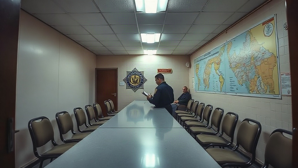 Editorial illustration of long municipal counter inside a south african police operations room