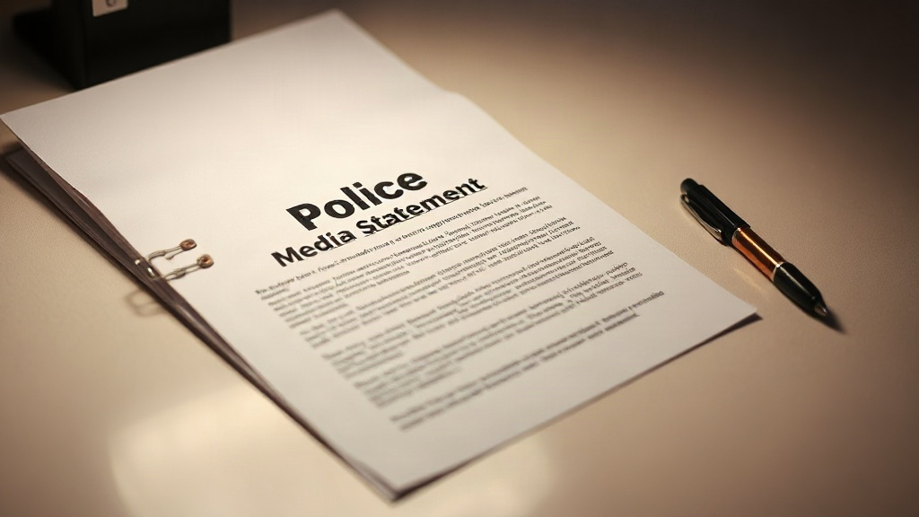 Editorial illustration of single police media statement page resting on a plain counter in South Africa