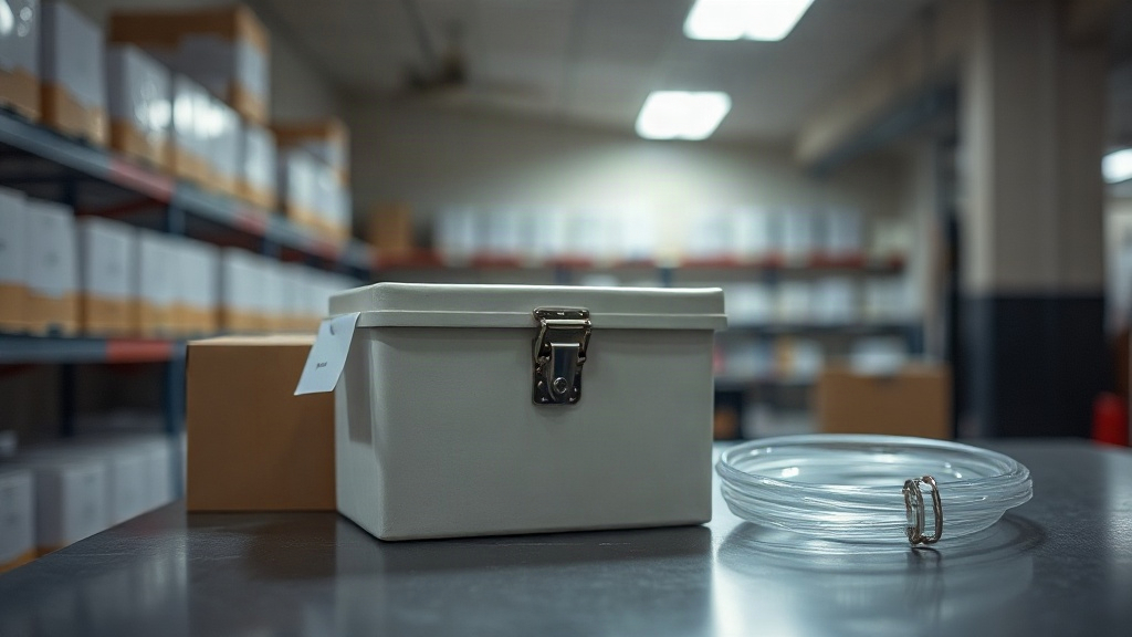 Editorial illustration of single plain evidence box sealed with a plain clasp sits on a steel table in a south african police evidence store