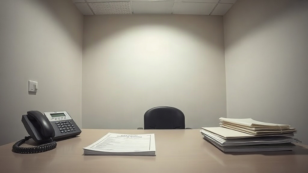 Editorial illustration of plain office desk inside a south african police building
