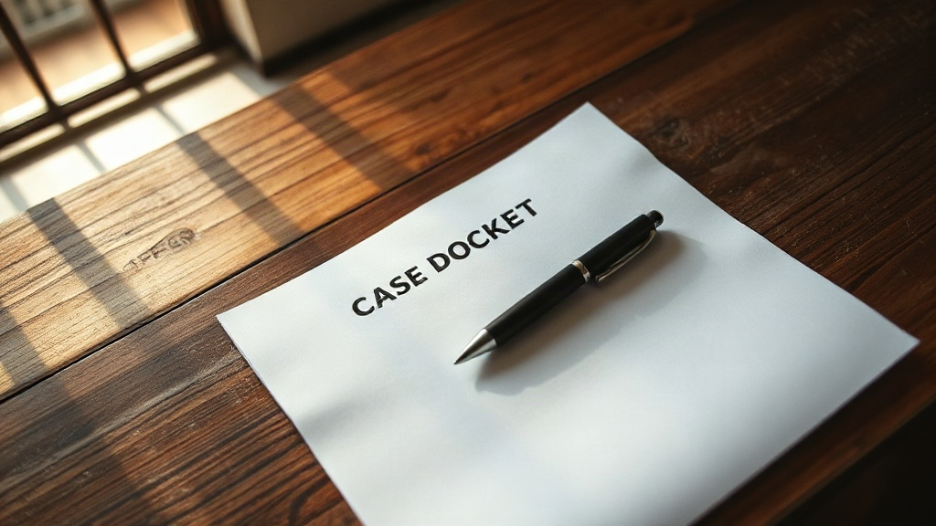 Editorial illustration of single closed case docket lies flat on a scarred wooden desk in a south african regional court office