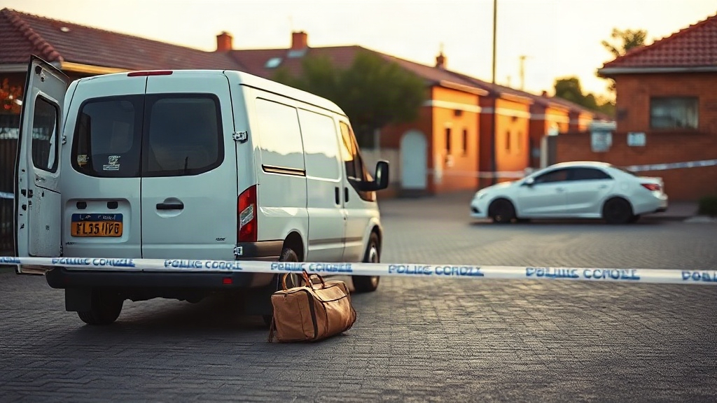 Editorial illustration of white courier van with no readable text sits angled on a paved township street in motherwell