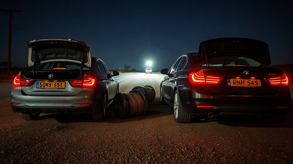 Editorial illustration of two sedans parked nose to tail on the gravel shoulder of a free state farm road in South Africa