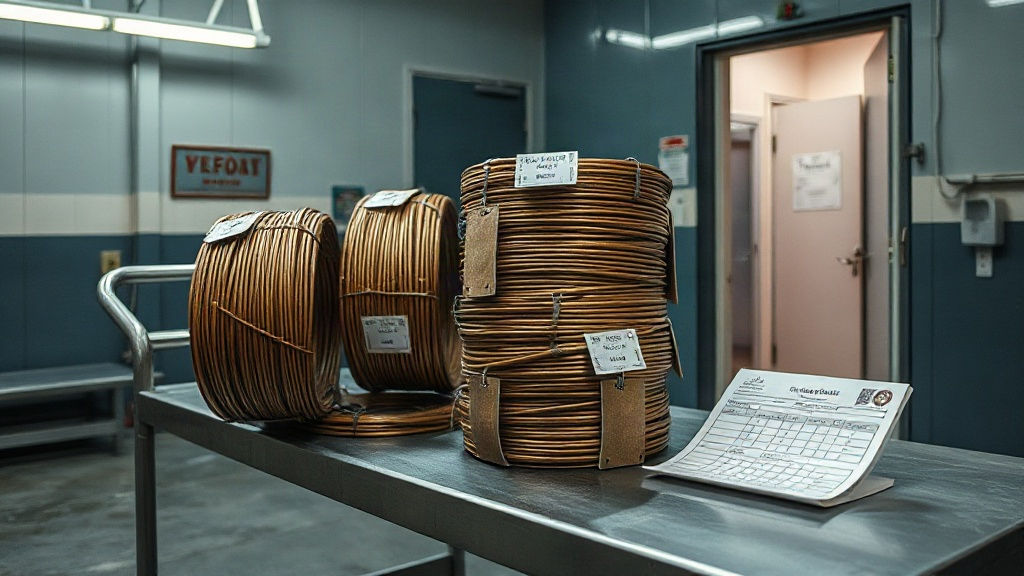 Editorial illustration of steel trolley in a bonded police evidence store in South Africa holds stacked coils of stripped copper cable