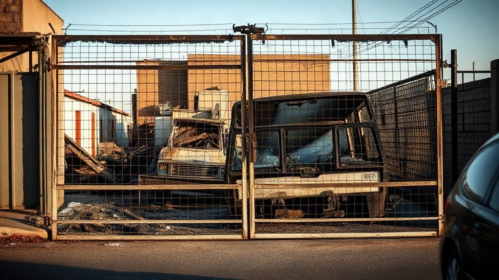 Editorial illustration of burned scrapyard yard behind a buckled electric gate on a township street in durban