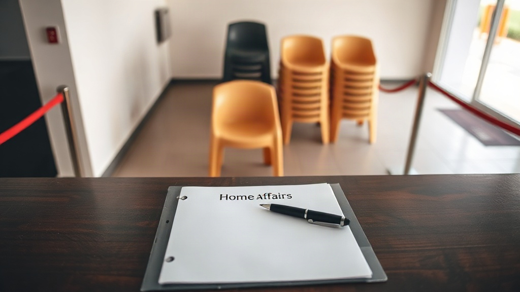 Editorial illustration of single closed home affairs file folder with no readable text lies squared on a bare municipal counter in South Africa
