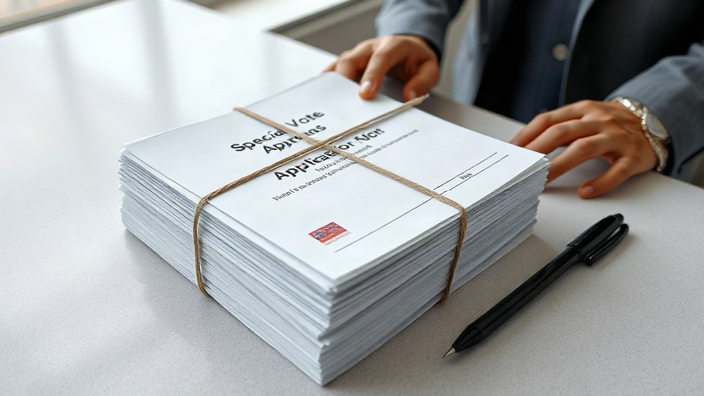 Editorial illustration of thick stack of approved special vote application forms with no readable text
