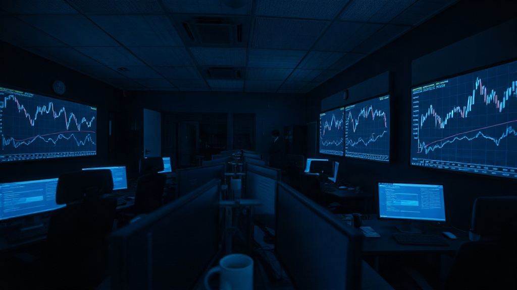 Editorial illustration of darkened trading floor in a johannesburg office in South Africa