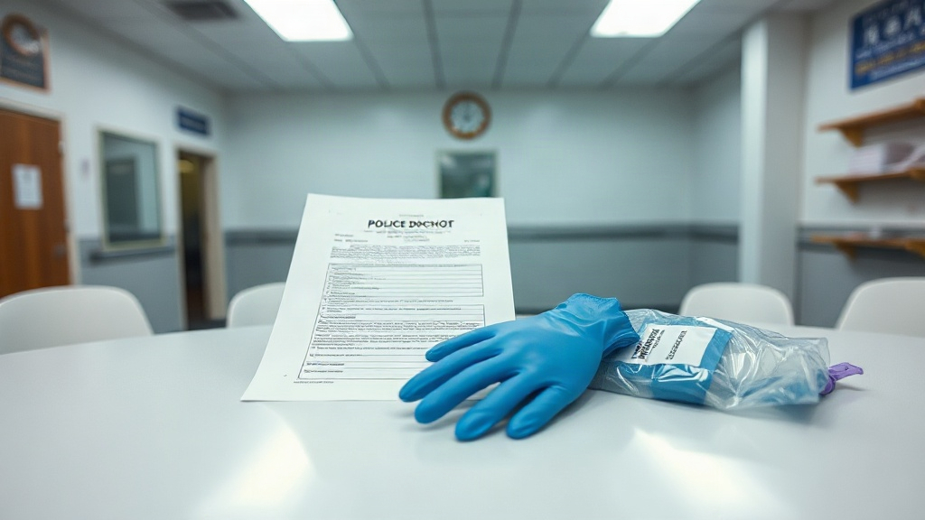 Editorial illustration of single unmarked police docket with no readable text lies closed on a plain counter in a south african police station